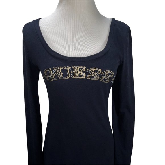 Vintage GUESS 1981 Beaded Gold Logo & Heart Print Black Knit Top Size M T-Shirt - Picture 3 of 11